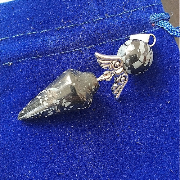 Lot of 2 Pendants - Red Jasper Snowflake Obsidian Silver Angel Wings Necklace - Picture 3 of 5